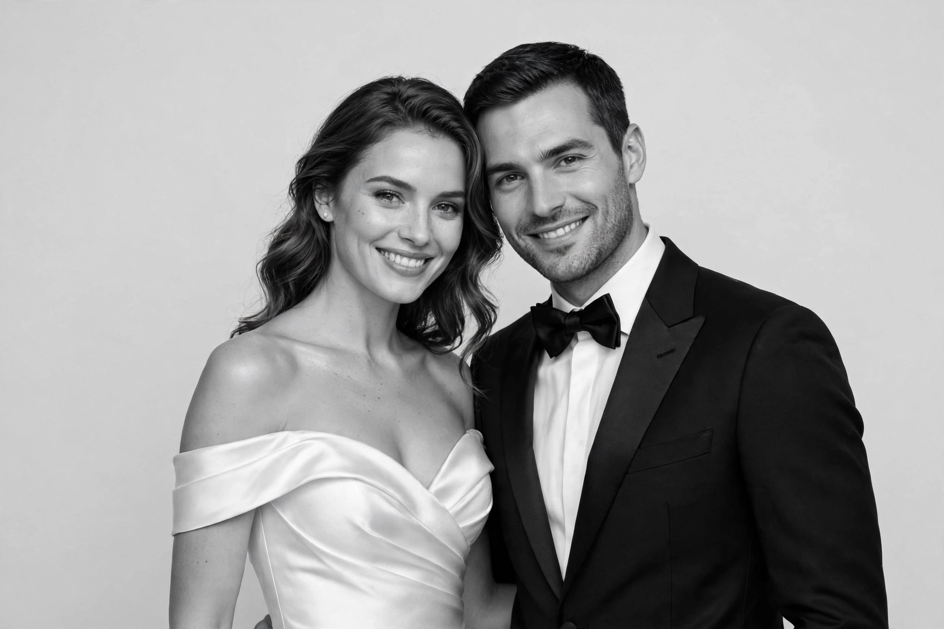 Black-and-white studio portrait of a bride and groom smiling together
