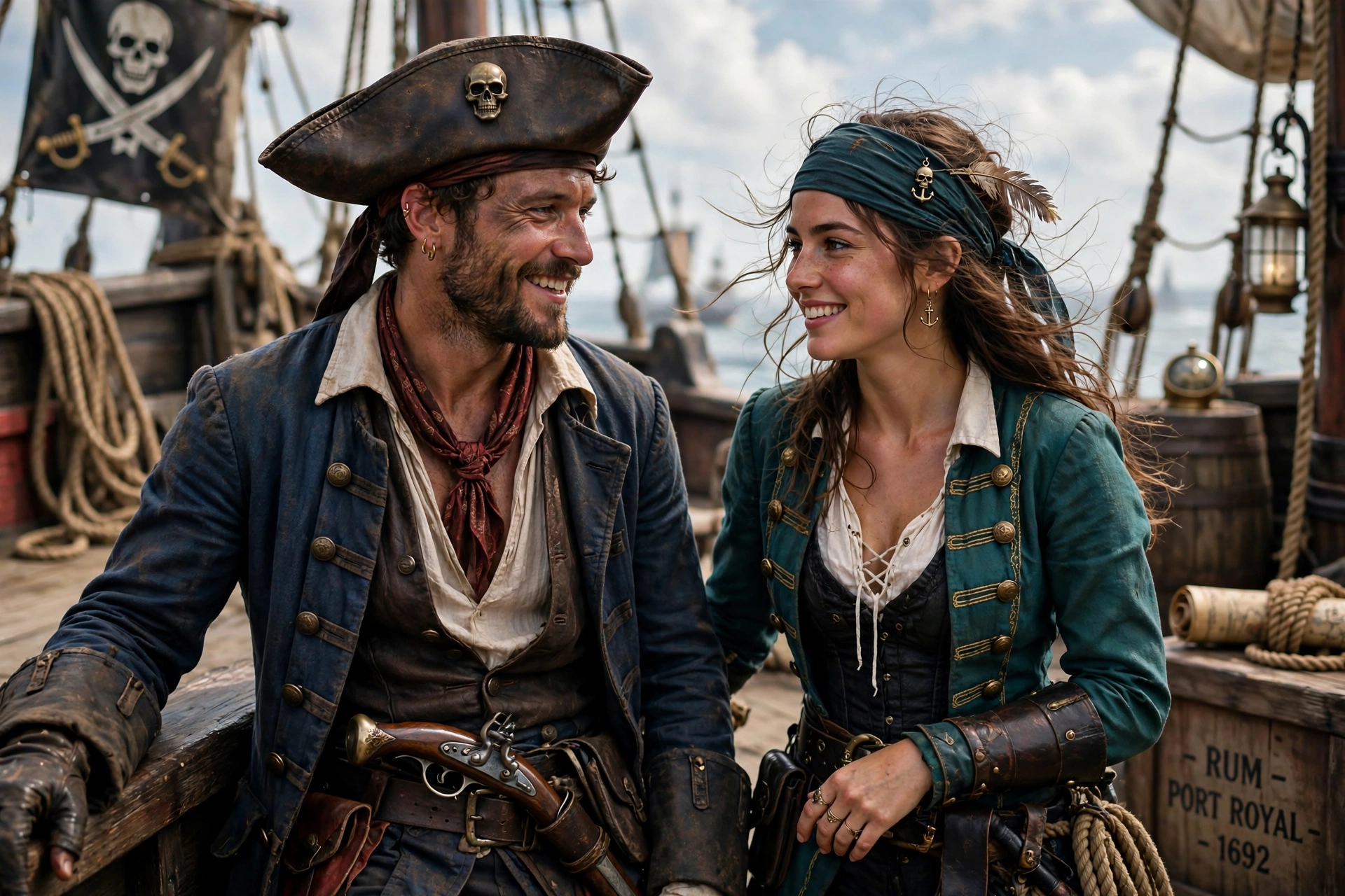 Man and woman transformed into cinematic pirate characters at a Rosy Cheeks AI photo booth event