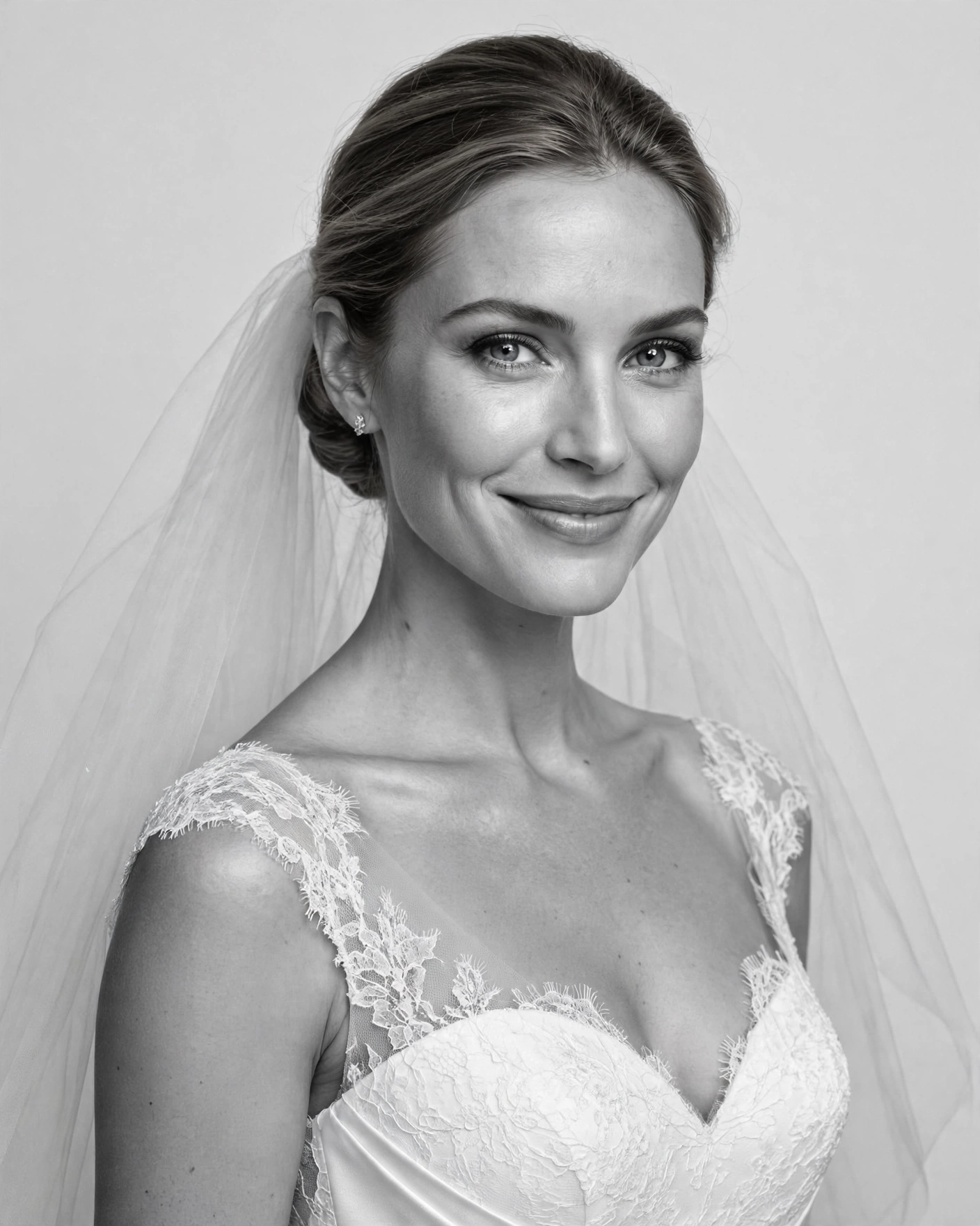 Black-and-white studio bridal portrait with soft professional lighting
