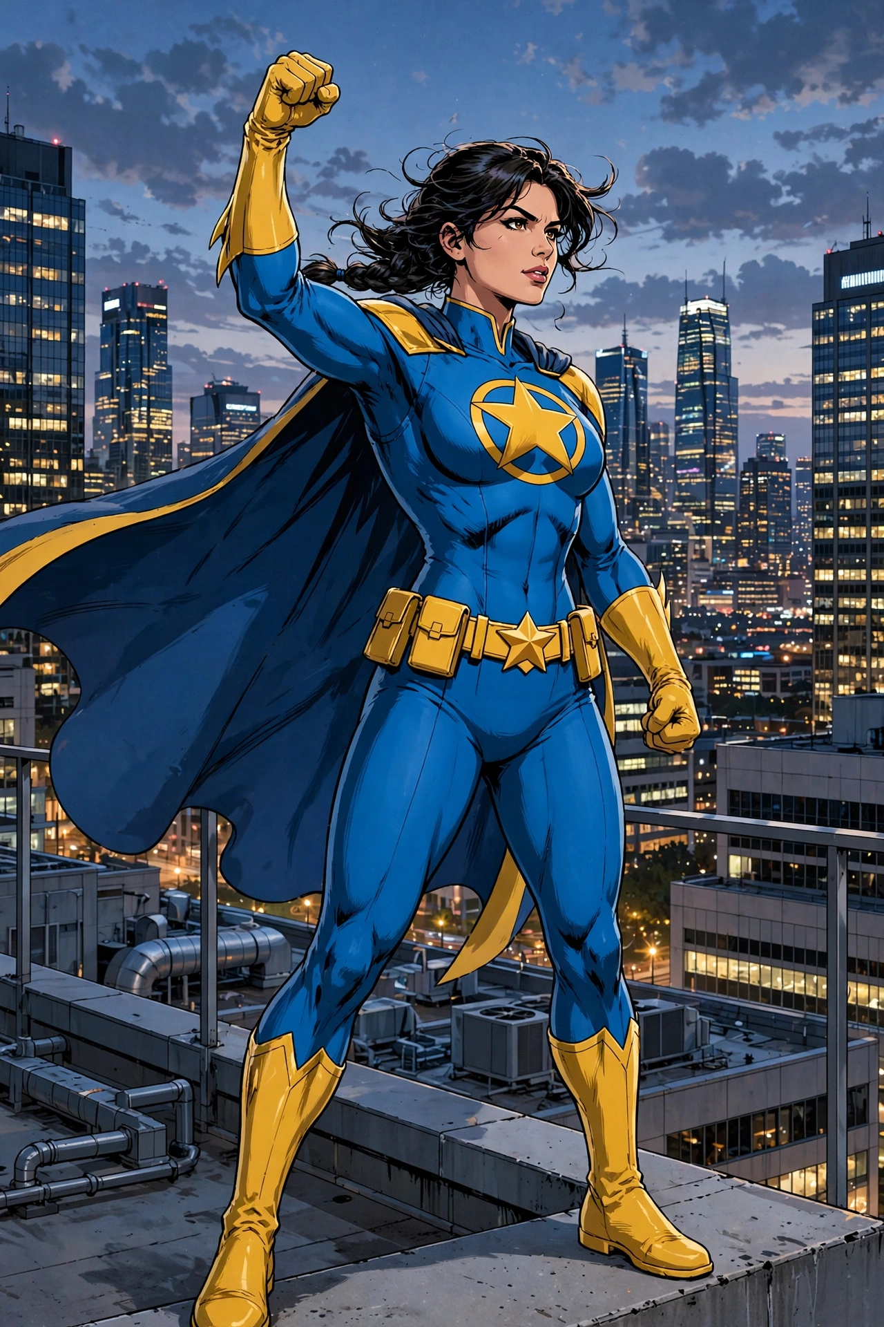 Event guest transformed into a classic caped comic-book superhero above a modern city