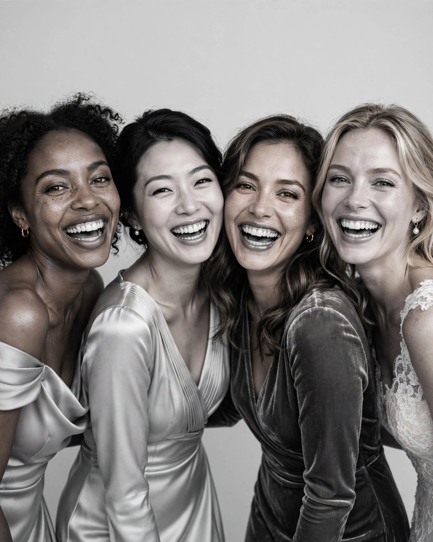 Four bridesmaids laughing together in a black-and-white studio portrait