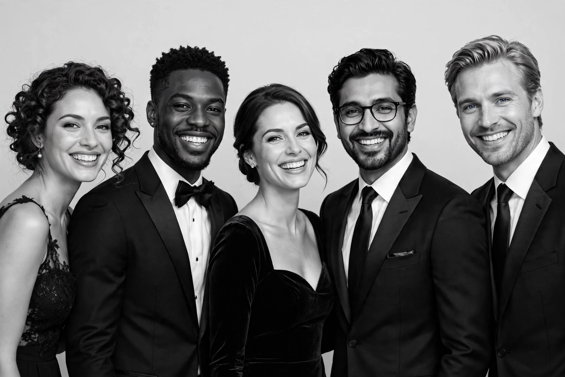 Group of wedding guests posing together for a polished black-and-white portrait