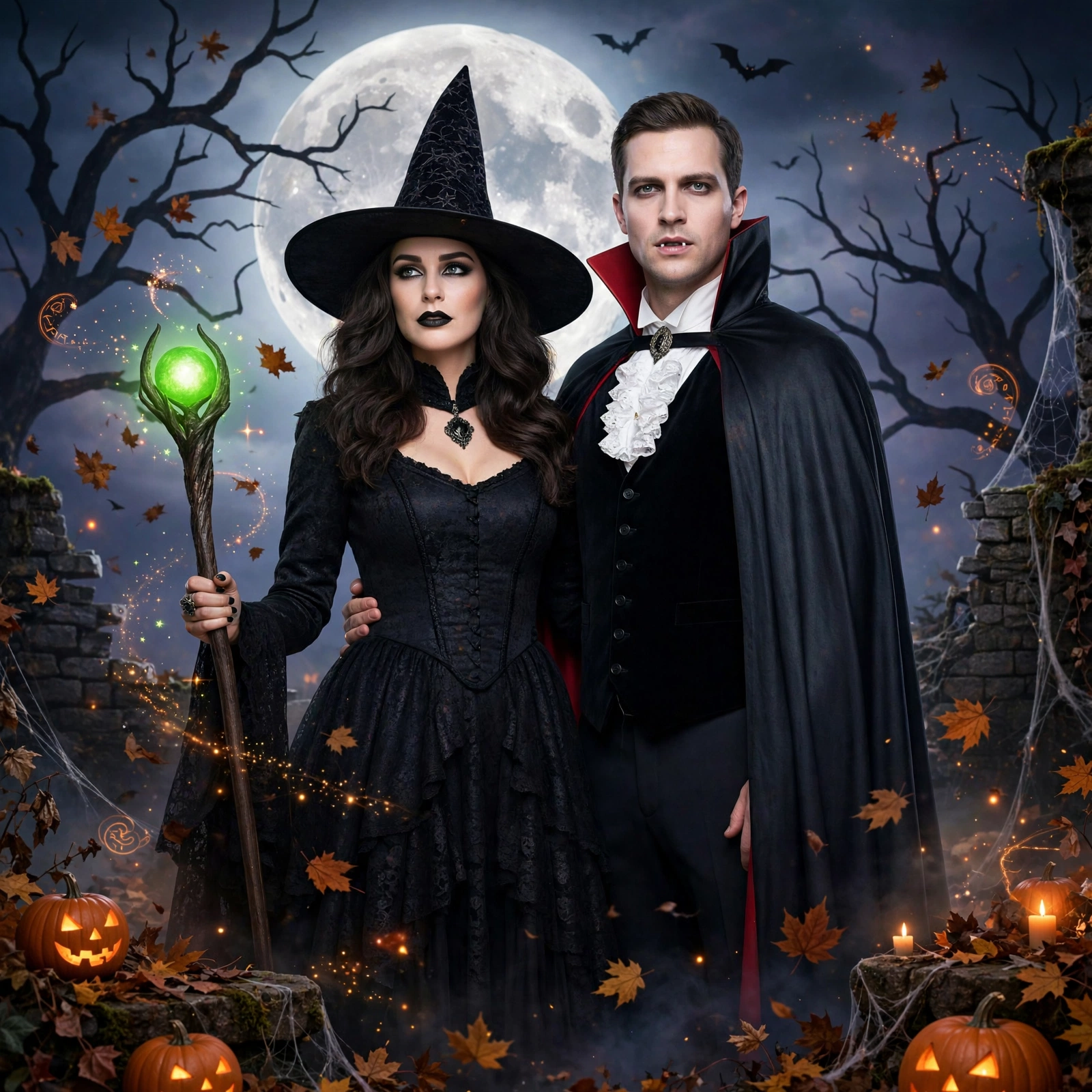 Woman and man transformed into a cinematic witch and vampire beneath a full moon