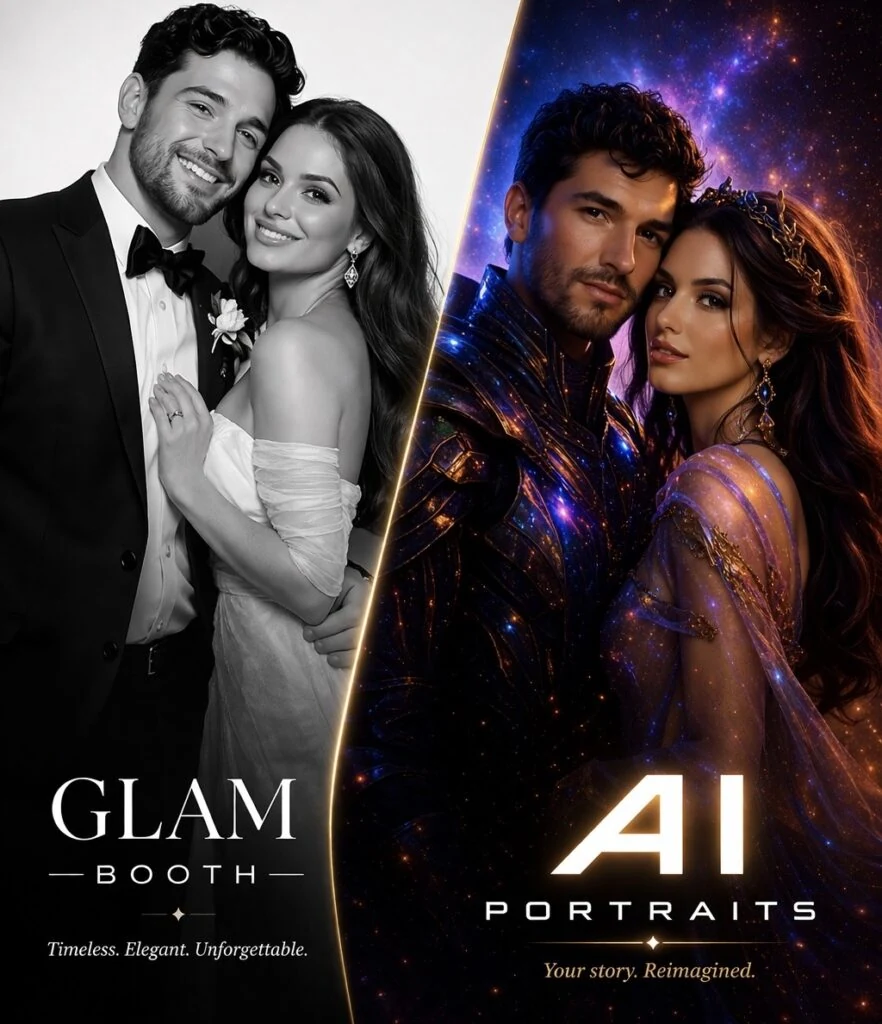 Glam Booth black-and-white portrait and AI Portraits example