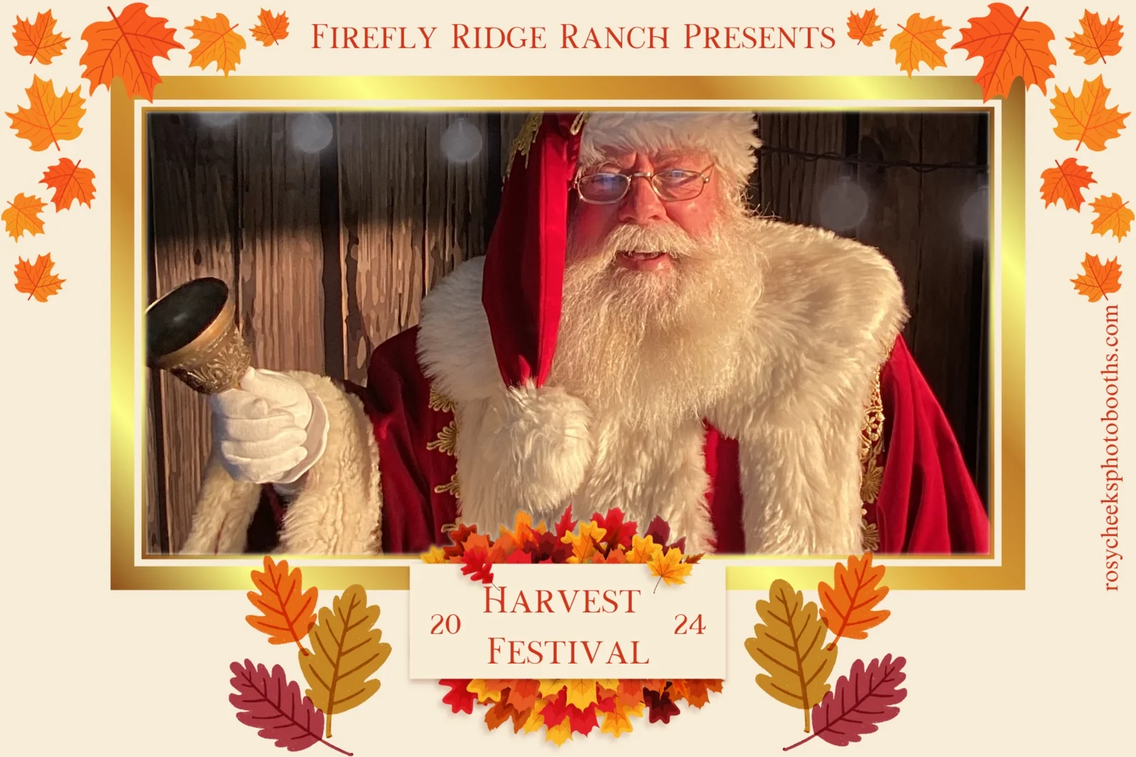 Santa posing in a custom Fall Harvest Festival photo frame at Firefly Ridge Ranch