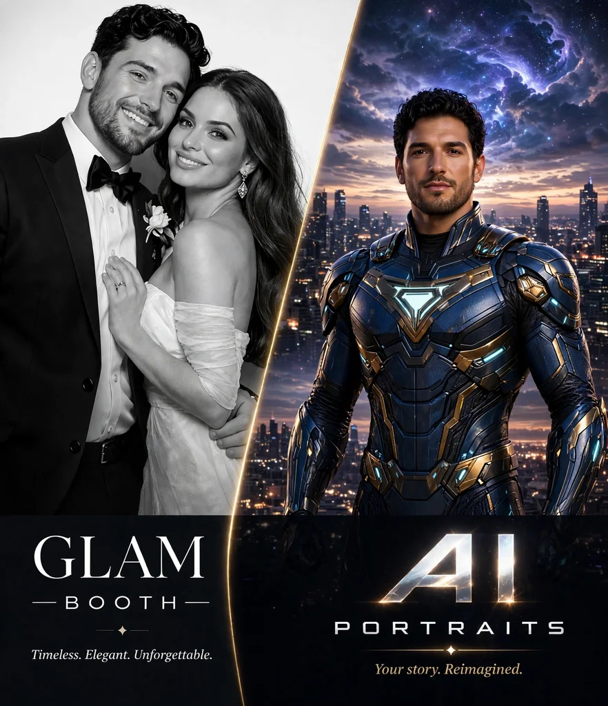 Glam Booth black-and-white portrait and AI Portraits example